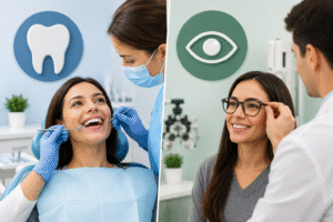 A smiling woman whose teeth are being checked at the dentist's office. Another woman getting eyes fitted with frames.