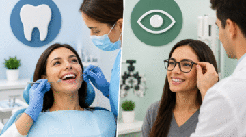 A smiling woman whose teeth are being checked at the dentist's office. Another woman getting eyes fitted with frames.