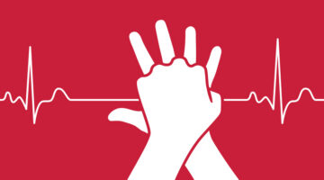 Hands perform CPR as a powerful symbol of heart health and emergency response, merging cardiopulmonary resuscitation with modern medical clipart. The red background and heartbeat line enhance the clean, minimal graphic design, reflecting life-saving care, first aid training, and preparedness with compassion and urgency.