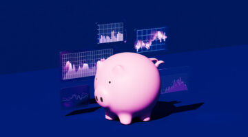 Conceptual image of a pink piggy bank on a dark blue background encircled by various glowing holographic bar graph and line graph displays, symbolizing the integration of big data and financial technology into personal savings. This horizontal composition illustrates the power of analyzing market trends and using a progress indicator to achieve long-term prosperity and investment success. It explores themes of financial literacy and the digital transformation of banking, where augmented reality tools provide a heads up display for monitoring a return on investment. The visual narrative emphasizes the importance of accuracy and business strategy in modern wealth management, showing how digital marketing and information equipment can empower a business person or consumer to make informed decisions for their home finances and future security.