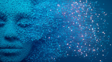 An abstract human face dissolves into a cloud of glowing cubes. The image illustrates concepts of data fragmentation, information flow, and technological change on a dark blue background.