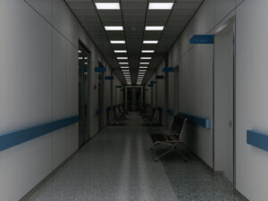 Hospital Room Corridor With Empty Seats At Night
