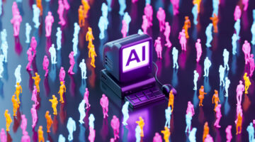 A digitally generated image featuring an old-style computer monitor displaying the letters “AI” with neon business crowd. The scene blends retro computing with modern business aesthetics, symbolizing the journey of artificial intelligence from its early beginnings to its growing role in today’s corporate world. Ideal for illustrating themes of digital evolution, business transformation, AI adoption, and technology-driven innovation.