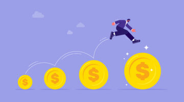 Raise salary increase, wages or income growth concept, investment profit and earning rising up, career development or wealth management, businessman jumping on bigger money coin