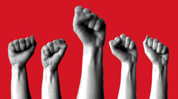 Halftone hands raised up with closed fist. Feminists fight. Illustration for protest. Modern collage with hands. Trendy vintage newspaper parts. Torn paper. Woman rights concept. Protesting crowd
